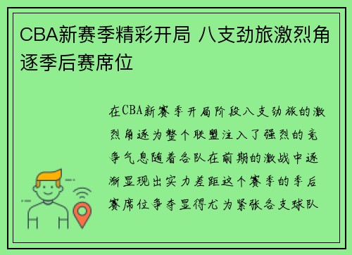 CBA新赛季精彩开局 八支劲旅激烈角逐季后赛席位