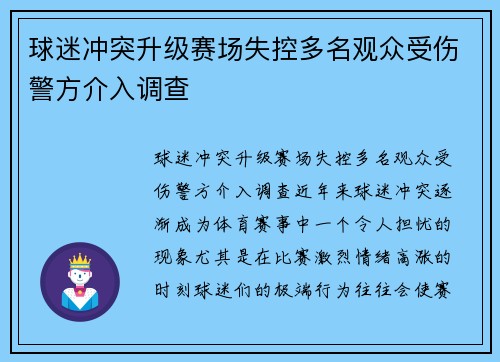球迷冲突升级赛场失控多名观众受伤警方介入调查