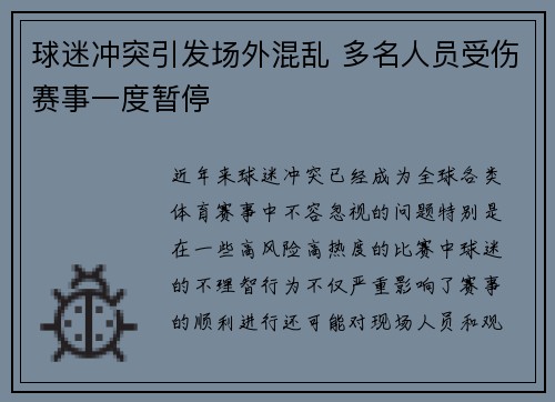球迷冲突引发场外混乱 多名人员受伤赛事一度暂停