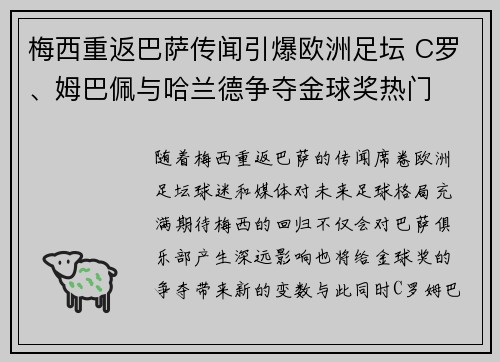 梅西重返巴萨传闻引爆欧洲足坛 C罗、姆巴佩与哈兰德争夺金球奖热门