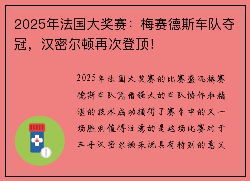 2025年法国大奖赛：梅赛德斯车队夺冠，汉密尔顿再次登顶！