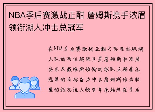 NBA季后赛激战正酣 詹姆斯携手浓眉领衔湖人冲击总冠军